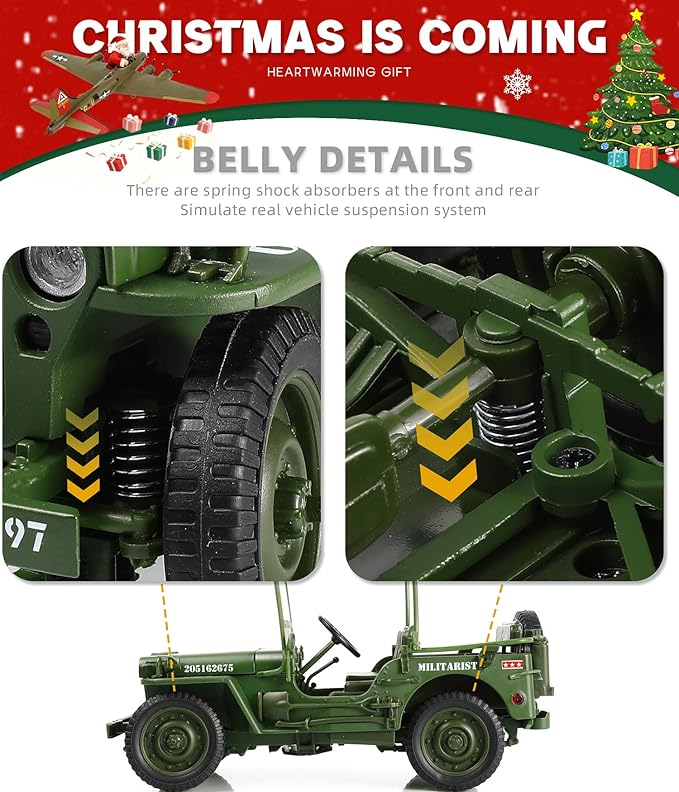 1/18 Scale Military Tactical Jeep Car Model Willys MB U.S. Army Truck Miniature Military Utility Off Road Vehicle Alloy Metal Diecast Model for Adults Collection or Gift