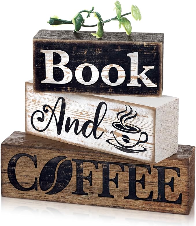 Moucuny 4 Pcs Farmhouse Wooden Tabletop Decor Farmhouse Coffee Tiered Tray Decor Rustic Eucalyptus Leaves Wood Block Sign Gift Sweet Home Centerpiece Home and Café Table Decoration