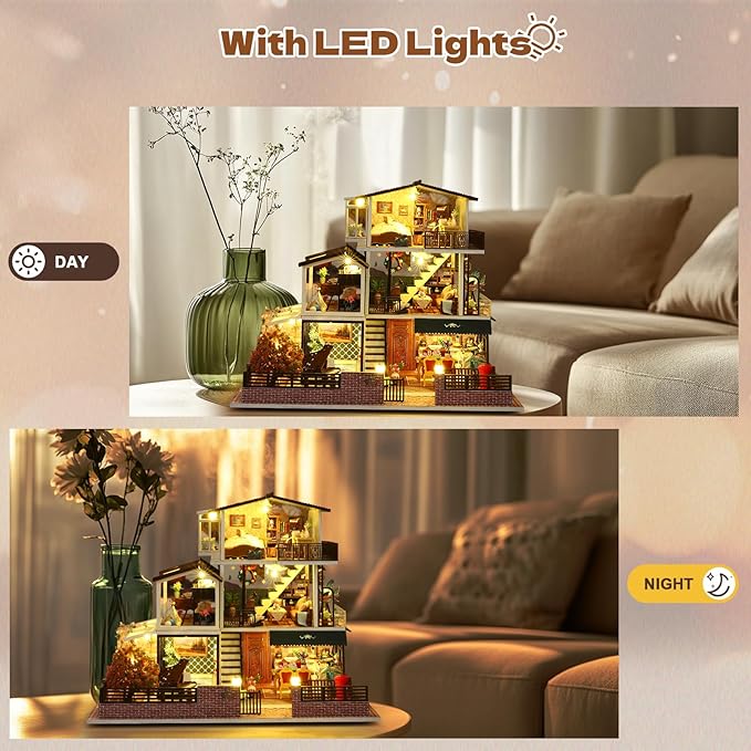 DIY Miniature House Kit, Tiny 3D Wooden European Retro Villa, Mini Dollhouse Building Kit with Dustproof Cover & Music Movement, Creative House Craft for Adults, Gift for Family and Friends