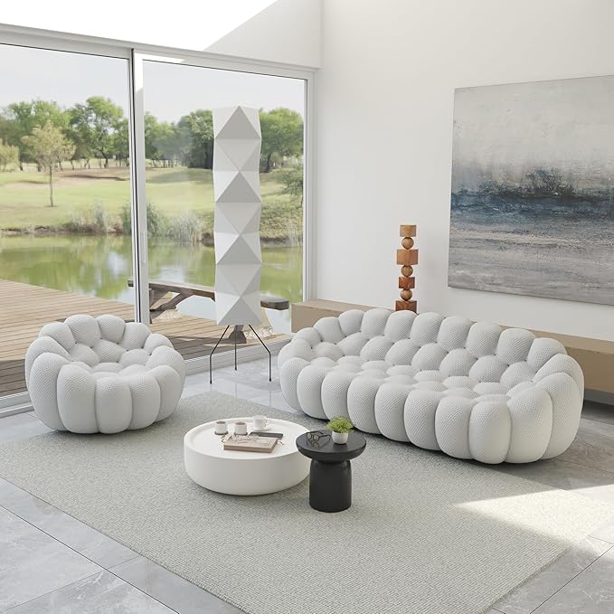 JACH 3 Seater Bubble Sofa and Single Seat Curved Couch, Comfy Upholstered Sofa, Mesh Fabric 3D Honeycomb Shape Modern Couch for Living Room, Office, Apartment, Small Space (Light Grey)