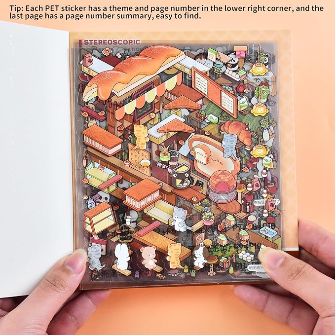 DIY Mini Fun 3D Animal House Scene Stickers Book with Tweezers Make Your Own Bakery Restaurant Teahouse Shop Sticker Scenes Cute Micro Stickers for Relief Stress Pass The Time(6 Designs)