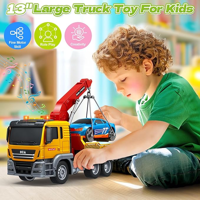 Kids Toys for 3 4 5 6 7 Years Old Boys, Large Tow Truck Toy, Friction Powered Transport Truck Crane Vehicle Toy with Lights and Sounds, Racing Car, Birthday Gifts for Boys Girls