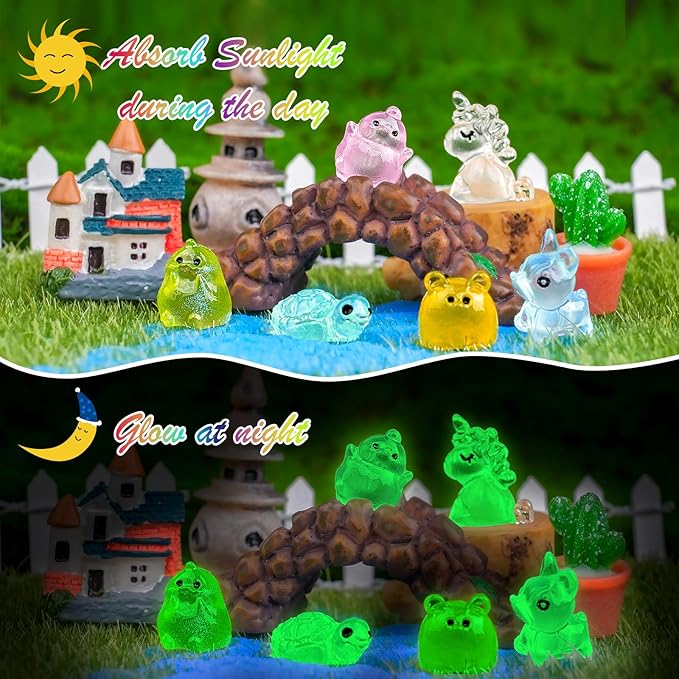 200Pcs Luminous Mini Resin Animals to Hide Tiny Creatures Glow in The Dark for Miniature Fairy Garden Decor Accessories Micro Landscape Aquarium Duck Dinosaur Rabbit Flamingo Owls Marine