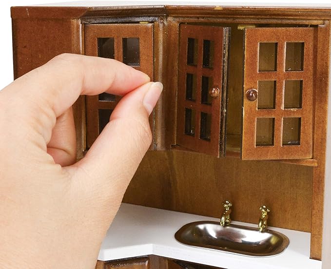 Dollhouse Kitchen Cabinets - 1/12 Scale Miniature Wooden Storage Pantry with Sink, Mini Modern for Corner Cooking Furniture Kitchen Accessories for Doll House Restaurant Decoration, Brown