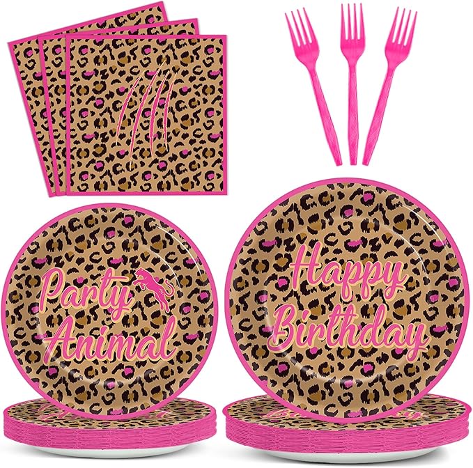 96Pcs Leopard Print Party Decorations Hot Pink Cheetah Print Birthday Themed Tableware Safari Animal Plates Napkins Forks Jungle Leopard Dinnerware Supplies for Baby Shower Birthday Serves 24 Guests