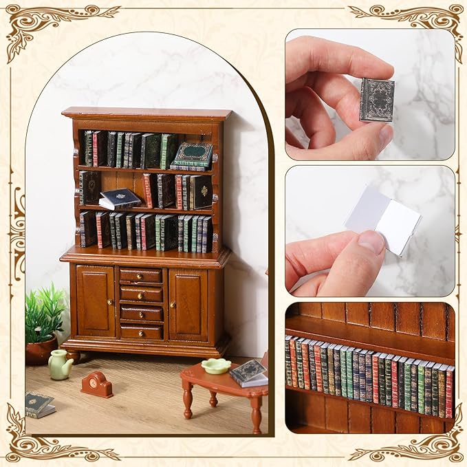 1:12 Scale Dollhouse Miniature Wooden Bookshelf Bookcase with 48 Pcs Miniature Books Mini Tiny Books for Dollhouse Mini Library Decoration Book Lover’s Reading Nook Gift(Brown)