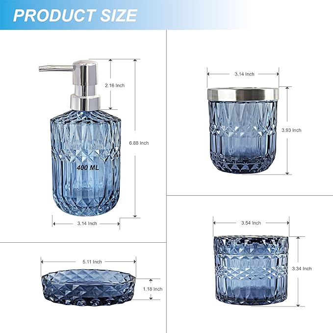 LaMarriti Blue Bathroom Accessories Set, 4Pcs Clear Glass Bathroom Accessories, Lotion Soap Dispenser Set, Toothbrush Holder, Qtips Holder, Soap Dish for Crystal Modern Bath Decor, Set
