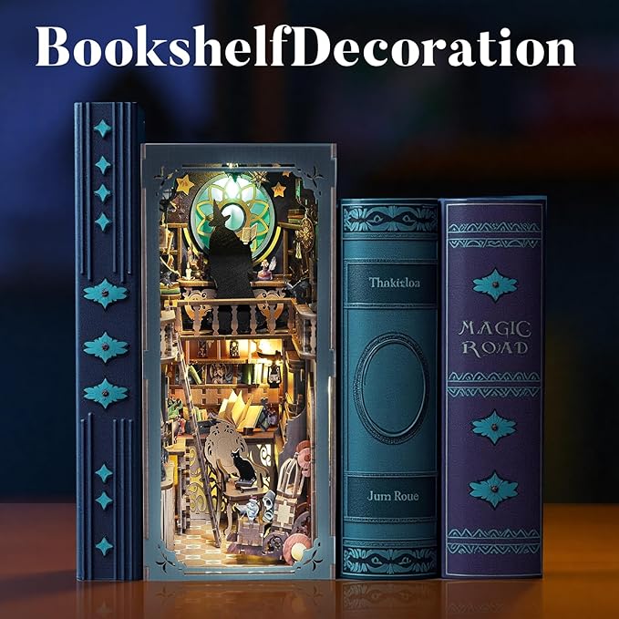 DIY Book Nook Kit Magic - Wizard and Cat Book Nook Kits for Adults, 3D Wooden Puzzle Miniature Fantasy Witch Potion Room Theme Bookshelf Decor, Creative DIY Craft for Teens