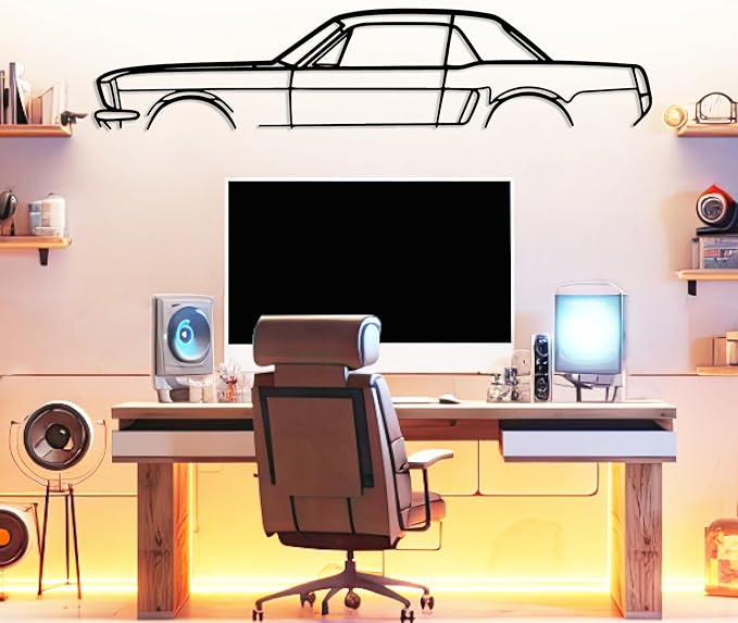 DecoSoul Mustang Metal Car Wall Art, Sports Car, Automotive Silhouette Line Decoration, Minimalist Sculpture for Garage, Indoor Outdoor Wall Hanging, Gift for Boyfriend (Black - 25 x 6.9” inch)