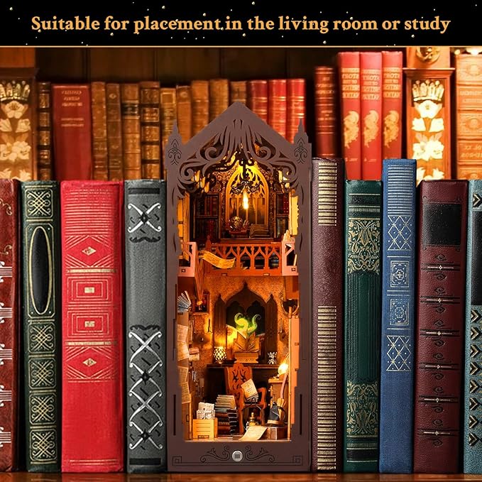 Book Nook Kit, DIY Dollhouse Booknook, Miniature House Kit for Adults and Teens, Library Tiny okshelf Decor, 3D Wooden Puzzle Bookends with Sensor Led Light, Gifts for Family, Friends