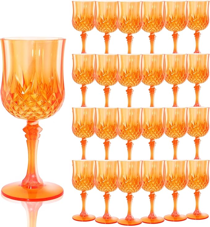 LEYIQU Plastic Wine Glasses, Plastic Goblets Vintage Style Cordial Drinking Glasses for Valentine’s Day, Wedding Reception, Grand Event Party Supplies (24, Pumpkin orange)
