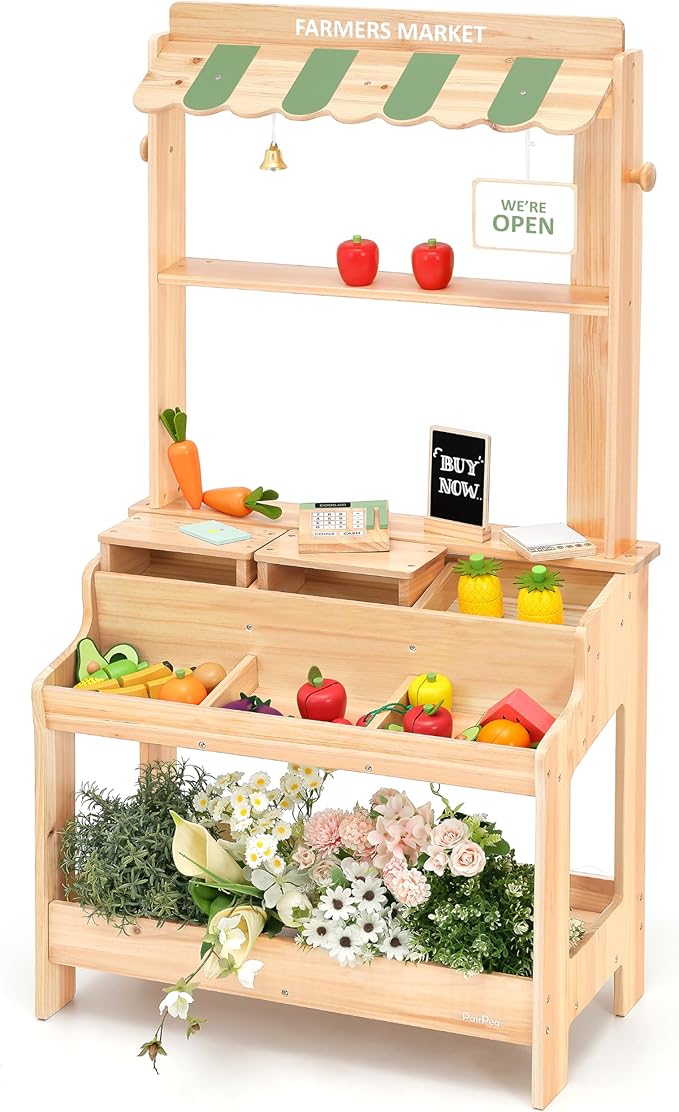 PairPear Wooden Mud Grocery Stand, 2-in-1 Outdoor Market Stand & Mud Kitchen for Kids Outdoor, Montessori Pretend Play Toy with 14 Accessories, Cash Register & Play Food, Ages 3+