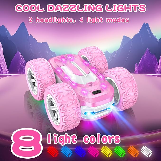 Pink Remote Control Car for Girls, RC Cars for Kids with DIY Sticker & Colored Lights, 2.4Ghz Double Sided 360° Flips 4WD Stunt Car, Rechargeable Toy Cars for Girl Ages 4-6 5-7 6-8 8-12 Birthday Gift
