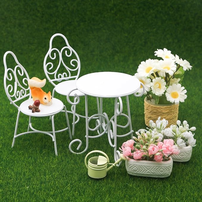 1/12 Scale Dollhouse Table Chair Sets, 9Pcs Metal Miniature Patio Sets, Dollhouse Fairy Garden Bistro Outdoor Furniture Accessories with Jasmine, Daisies, Squirrel and Kettle