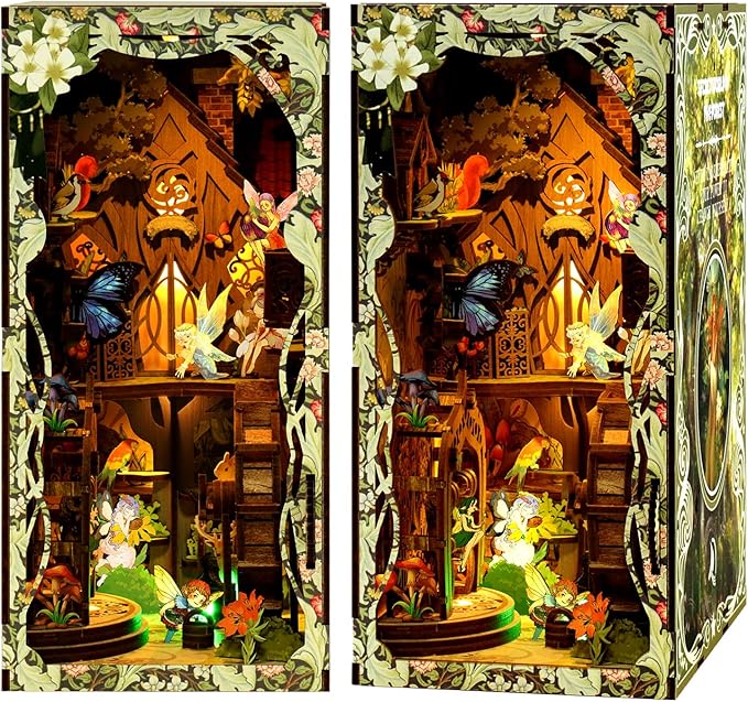 Book Nook Kit for Adult - THRIVINGIVAN Miniature Model Build Dollhouse Kit 3D Wooden Puzzle with Sensor Led Light for Bookshelf Bookend Insert Decor Adults Teen Crafts(Spirit), 1Pack