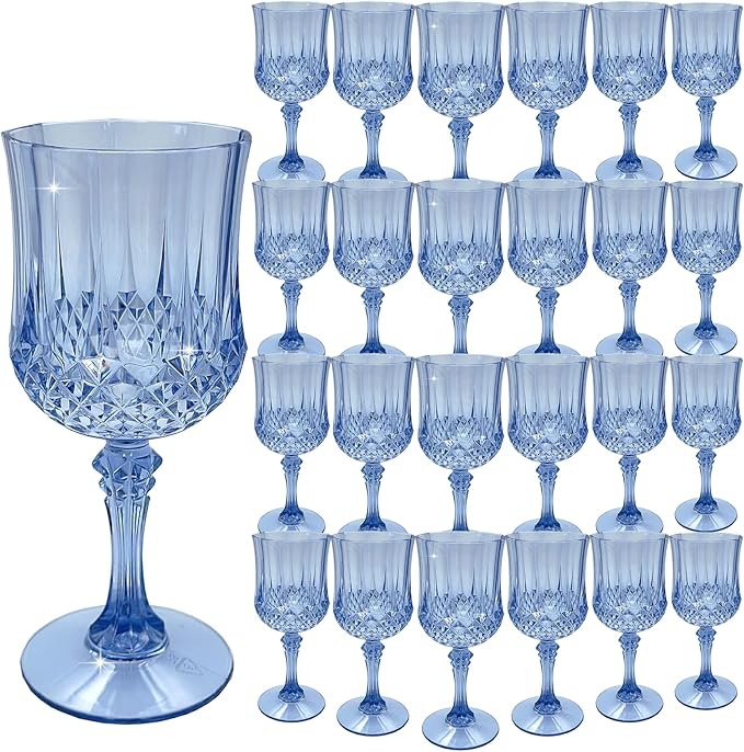 LEYIQU Plastic Wine Glasses, Plastic Goblets Vintage Style Cordial Drinking Glasses for Valentine’s Day, Wedding Reception, Grand Event Party Supplies (24, Blue)