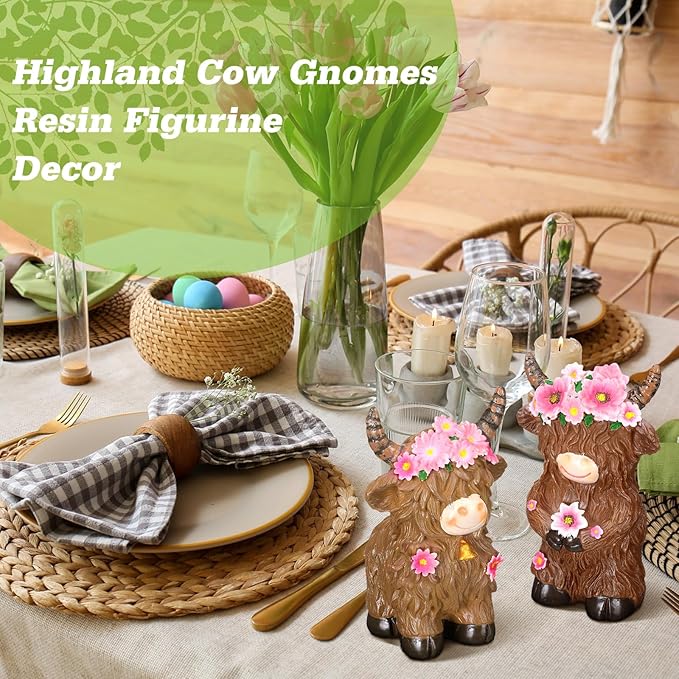 Burbell 2 Pcs Highland Cow Figurines Decor Daisy Flower Highland Cow Gnomes Resin Statue Calf Lovers Gifts for Farmhouse Home Garden Kitchen Office Tiered Tray Table Decor