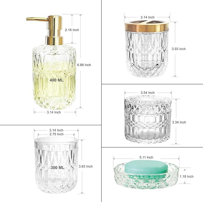 LaMarriti Glass Bathroom Accessories Set, 5pcs Crystal Clear Bathroom Set Accessories, Soap Dispenser, Toothbrush Holder Set, Soap Dish, Tumbler, Qtips Holder for Vintage Bathroom Decor, Gift Set
