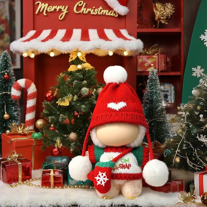 Christmas Clothes for LABUBU Doll (NO Doll), 3-Piece Handcrafted Crochet Christmas Accessories for LABUBU 17cm Dolls, Premium Outfit for LABUBU - Christmas Sweater + Hat + Bag (Red)