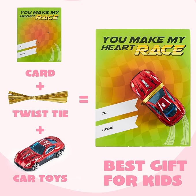 JOYIN 28 Valentines Day Gifts Cards with Die-Cast Racing Cars Vehicle for Kids School Classroom Exchange Party Favor Gift Supplies