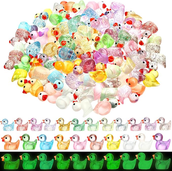 100pcs Mini Resin Ducks,40pcs Luminous Mini Ducks and 60pcs Mini Glitter Duck,Crafts Decorations for Dollhouse,Fairy House Garden,Micro Landscaping
