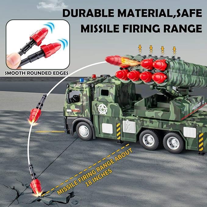 Army Toys for Boys Age 4-7, Military Vehicle Toys with Missile Launcher Metal Cab, Friction Powered Military Truck with 8 Missiles, Lights and Sounds