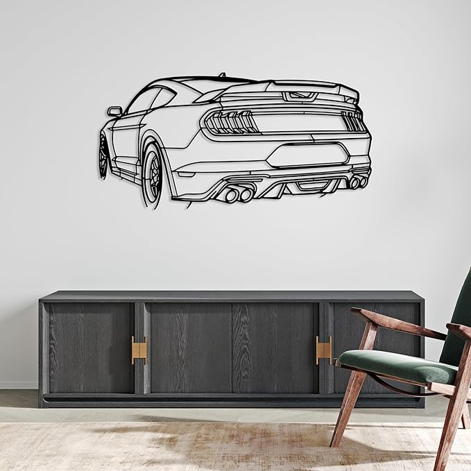DecoSoul Mustang Metal Car Wall Art, Sports Car, Automotive Silhouette Line Decoration, Minimalist Sculpture for Garage, Indoor Outdoor Wall Hanging, Gift for Boyfriend (Black - 20 x 5.5” inch)