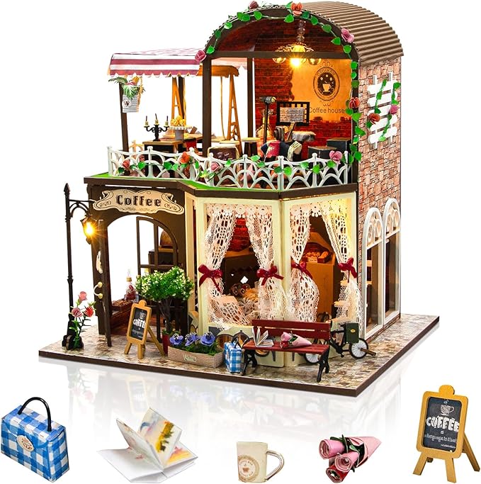 DIY Miniature House Kit, Dollhouse Kit with LED Light, Mini House Building Kits for for Adult to Building, Christmas Home Decorations Gifts for Family and Friends, Coffee Bar