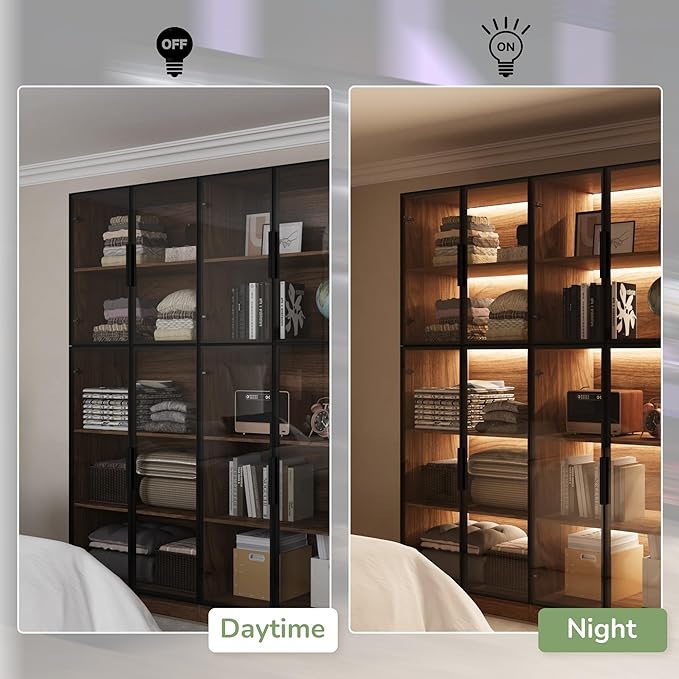 3 Piece Display Cabinet with Glass Doors & Adjustable Lights, 78.7” Tall Display Case with 5 Tier Storage Shelves, Modern Collectibles Cabinet for Living Room, Office, Walnut