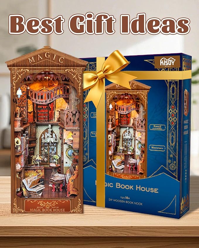 Kisoy Book Nook Kit, 3D Wooden Puzzle Booknook Build Bookshelf Decor, DIY Miniature House Kit for Adults and Teens, Mini House Arts & Craft Gifts for Family and Friends (Magic Book House)