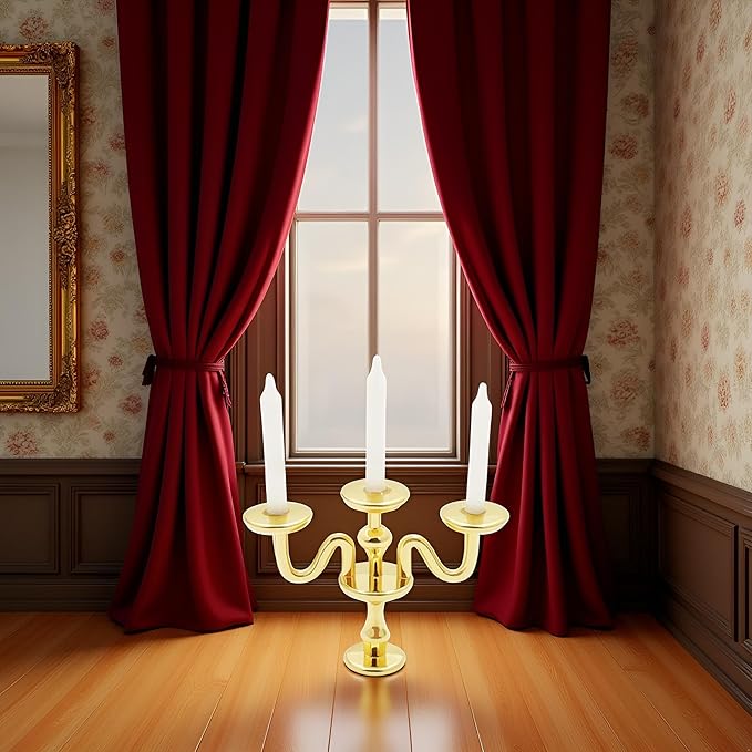 Gold 1/12 Miniature Candlestick Candelabra with Candles Dollhouse Accessories, 3-arms