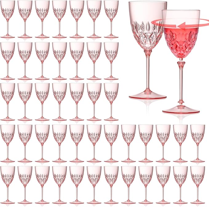 SKLENICE 48 pcs Plastic Pink Wine Glasses Bulk 7.4oz Detachable Small Wine Goblet Champagne Flutes Unbreakable Vintage Diamond Stemware Mimosa Drinking Glassware for Wedding Christmas Event Party