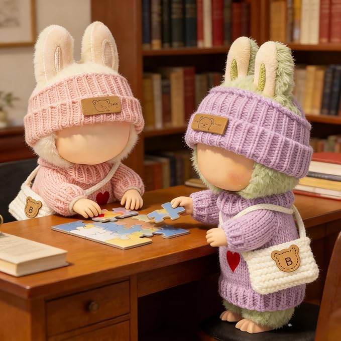 2 Sets 17cm Doll Clothes (6 Pieces), Handcrafted Crochet Doll Clothes for Fashion Designer Collection with Hats & Sweater & Mini Bag (Pink & Purple)