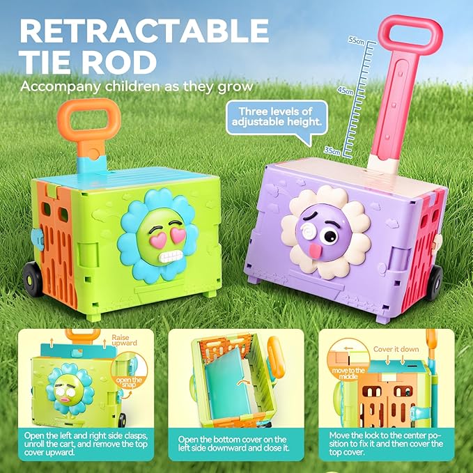 45PCS 3 in 1 Toddler Shopping Cart Trolley Play Set,Kids Grocery Cart-Pretend Play Food Set for Kids Kitchen,Cutting Food ,Preschool Learning Toys, Boys & Girls Birthday Gift for Ages 3+