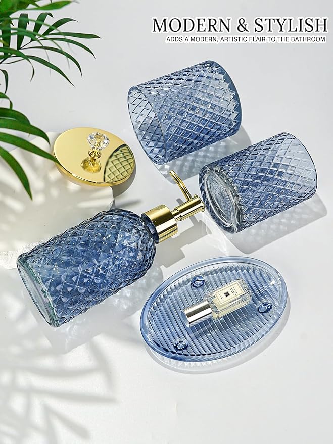 Blue Bathroom Accessories Set, 4Pcs Glass Bathroom Accessory Set Complete w/Lotion Soap Dispenser, Toothbrush Holder, Qtip Holder, Soap Dish, Gold Bathroom Decor Sets, Gift for Home Apartment