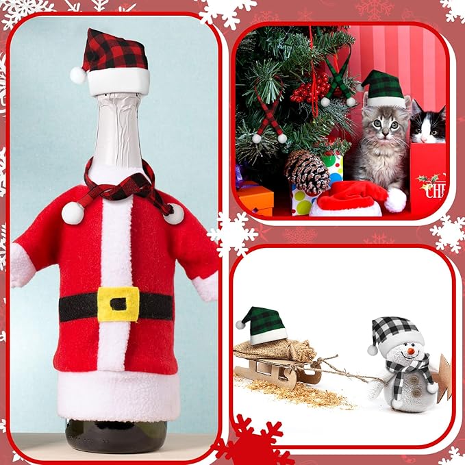 Geyoga 16 Pcs Mini Knit Doll Hat Valentines Day Small Santa Hat for Craft Winter Mini Snowman Hats and Scarf Tree Ornaments Snow Stripe Heart Wine Bottle DIY Decor Gifts