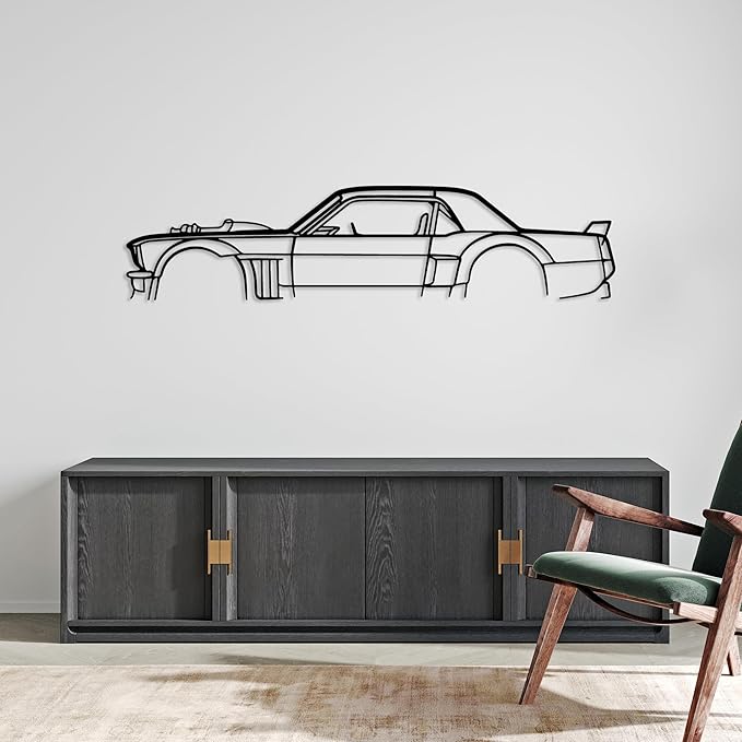 DecoSoul Mustang Metal Car Wall Art, Sports Car, Automotive Silhouette Line Decoration, Minimalist Sculpture for Garage, Indoor Outdoor Wall Hanging, Gift for Boyfriend (Black - 45 x 12.4” inch)