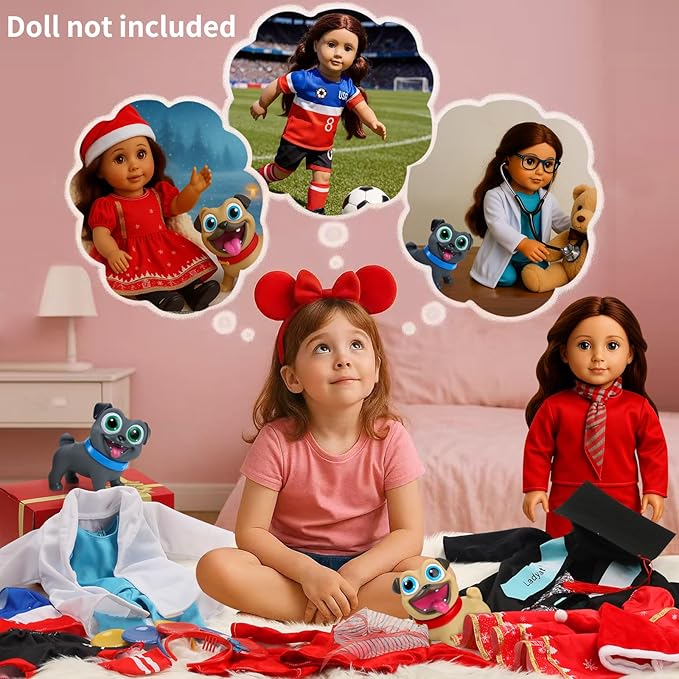 20 Pcs Doll Clothes & Accessories for 18 Inch Dolls – Educational Role Play Gift Set for Girls with 5 Themed Outfits (Graduate, Doctor, Santa, Soccer Player, Flight Attendant), 2 Puppies & 3 Headbands