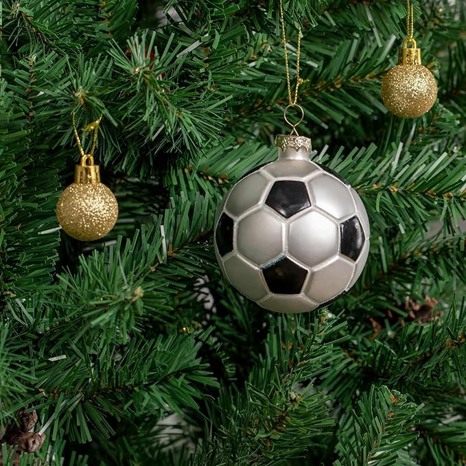 3.15” Christmas Soccer Ball Glass Blown Ornament, 2025 Hand-Painted Small Mini Sports Ball Decoration for Boys and Girls, Xmas Tree Holiday Decor Kids Themed Party Gifts
