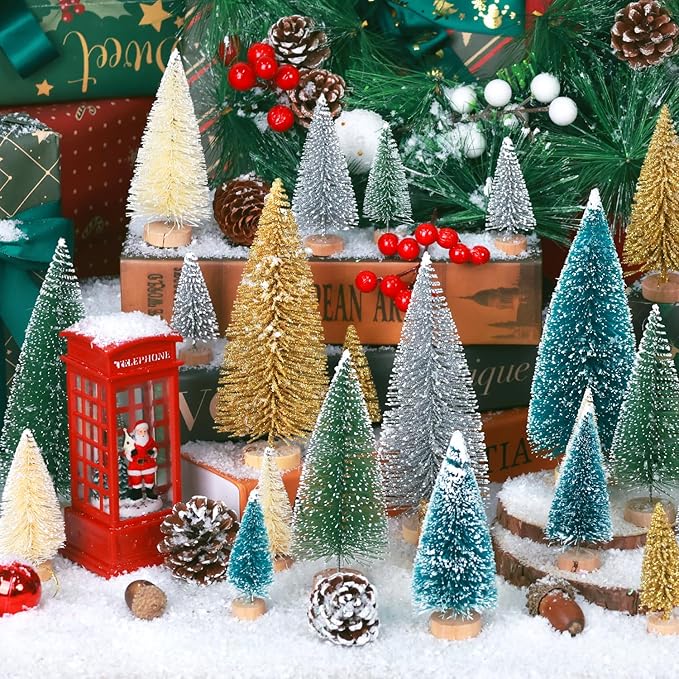 30Pcs Mini Christmas Tree Decor, Artificial Christmas Tree 5 Sizes,Mini Sisal Snow Frost Trees with Wooden Base for Christmas Decor Christmas Party Home Table Craft Decorations (B/Multicolor)