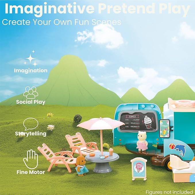 Family Ice Cream Truck Toy — Dessert Food Truck Playset with Cash Register, Chairs & Umbrella, Dollhouse Pretend Play Vehicle, Gift for Kids Ages 3+