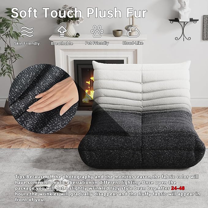 Memory Foam Bean Bag Chair for Adults, Teddy Material Beanbag Sofa with Filler, Cozy Floor Lounge Seat for Living Room, Bedroom, Dorm, Office (Black White)