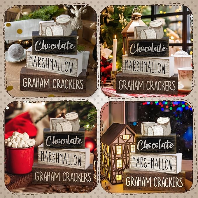 Moucuny 4 Pcs Winter Table Decoration Wooden Marshmallow Chocolate Christmas Tiered Tray Decor Xmas Centerpiece Decorative Hot Cocoa Marshmallow Block Signs Gift Winter Decoration for Home Kitchen