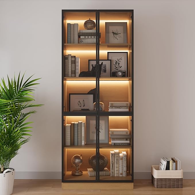 78.7" Display Cabinet with 4 Glass Doors, 5 -Tier Storage Cabinet with LED Lights, Tall Walnut Bookcase with Storage, Wooden Display Case for Collectible, Living Room, Office (Oak)