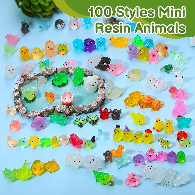 100 Pcs Luminous Mini Resin Animals Mini Animals Figures Bulk Glow in The Dark Miniature Figurines for Dollhouse Accessories Garden Aquarium Decoration