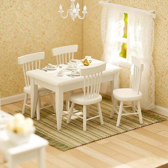 Miniature Dollhouse Dining Table and Chairs – Set 5pcs 1/12 Scale for Doll House, White Wooden Furniture Model, Mini Classic Decoration Accessories DIY Hobby Gift for Kitchen, Breakfast Room
