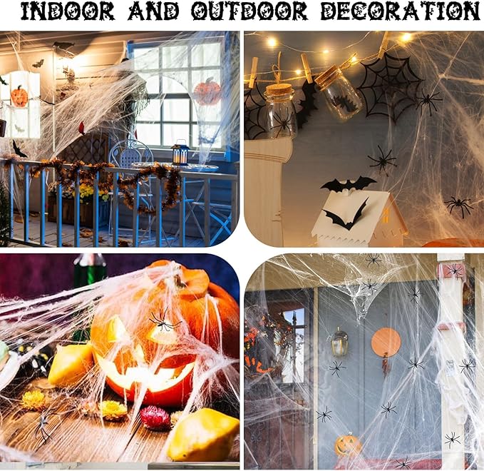 1200 sqft Halloween Spider Webs and 50pcs Fake Spiders Super Stretch Cobwebs Party Decorate for Halloween Theme Indoor and Outdoor Decoration