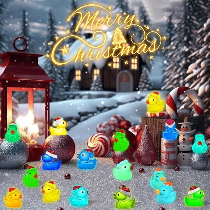 160Pcs Luminous Christmas Mini Ducks, Glow in The Dark Xmas Mini Resin Ducks with Santa Hats, 16 Colors Tiny Ducks Bulk for Micro Fairy Garden DIY Miniature Dollhouse Decor