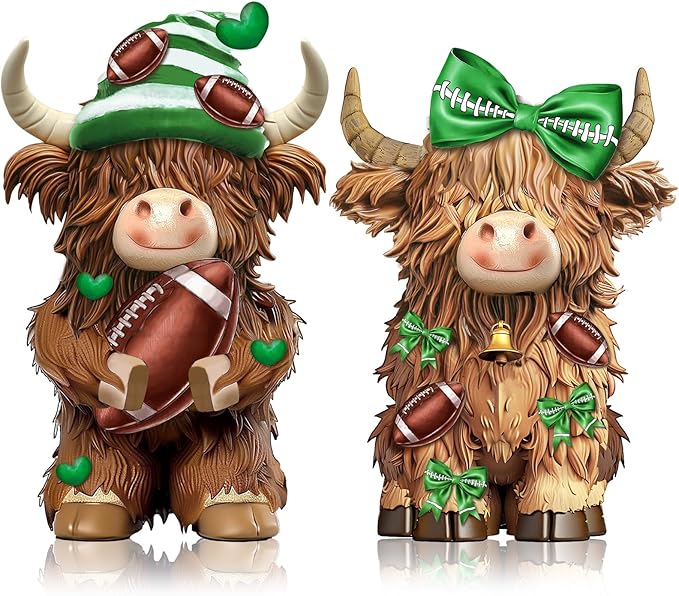 Burbell 2 Pack Football Highland Cow Resin Figurine Decor Bathroom Highland Cow Gnomes with Football Scarf Resin Statue for Garden Table Shelf Home Decor Calf Gnome Herd Gifts