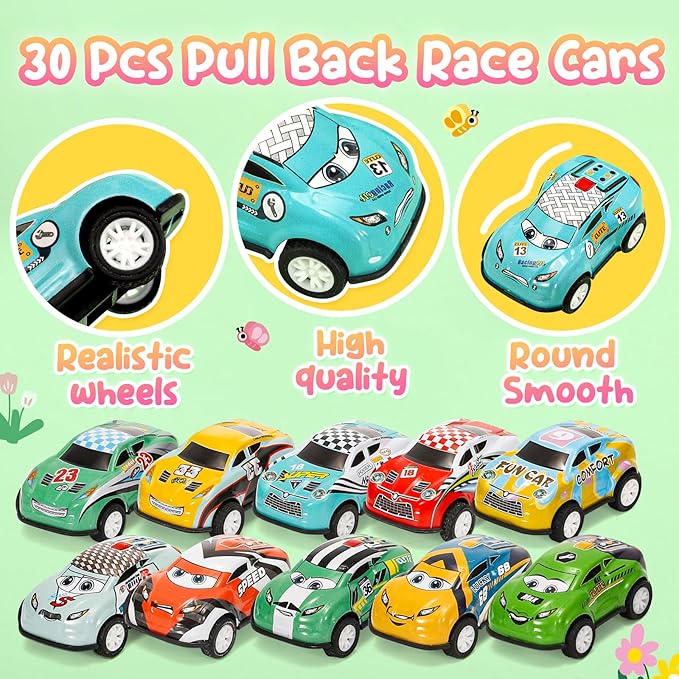 SevenQ Toy Cars for Kids Ages 4-8, 30Pcs Pull Back Cars Playset with Storage Bags, Race Car Party Favors for Toddler Boys Girls Treasure Box Prizes Rewards Mini Toys